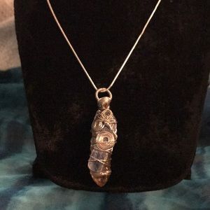 Quartz and kyanite silver wire wrapped necklace